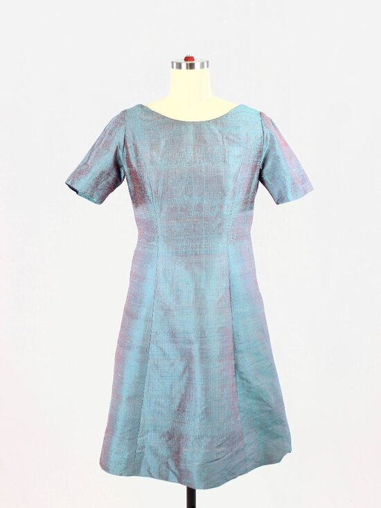 Vintage Dresses & Skirts - Vintage 60's Unbranded Iridescent Blue Dupioni Silk A-Line Dress, Size S